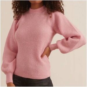 Ganni Wool Blend Balloon Sleeve Mock Neck Ribbed Sweater Pink Small